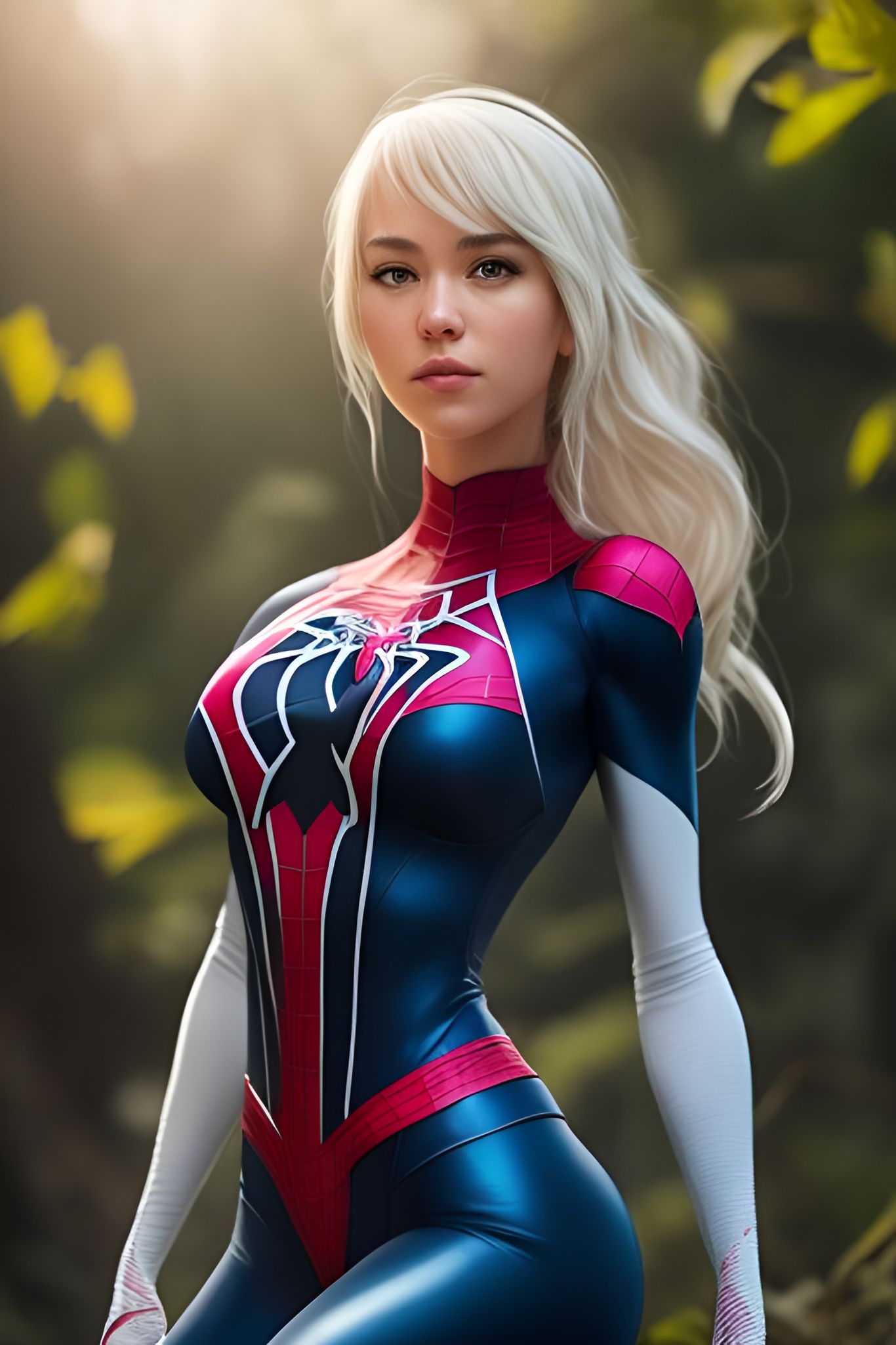 white-moose228: This stunning artwork features Spider-Gwen wearing her  signature superhero suit, which is primarily white and pink with some black  accents. The suit's intricate design is fully detailed, accentuating her  curves and