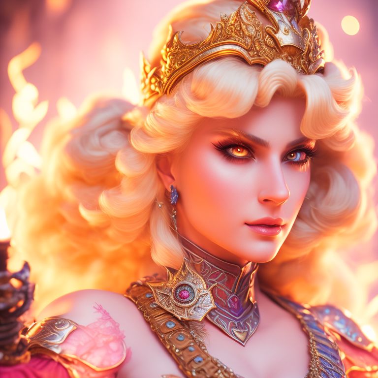 Princess Peach, warrior, High detail, Perfect anatomy, Rich color, Fantasy, Dark fantasy, Studio photo, Vibrant lighting, Realistic textures, Intricate details, Full body, Human features, Sensual, Dark, D&D, Dungeons and dragons, Backlit, Natural or candlelight for lighting