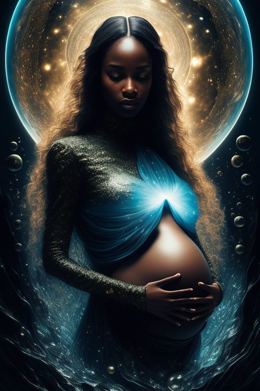 moral-turtle525: beautiful black woman, delicate features, pregnant,  rounded belly, fluttering clothing, inside outer space,, flowing dress,  blue sky, amazingly fluid, detailed, 3d fractals, light particles, water  drops, shimmering light, dreamy