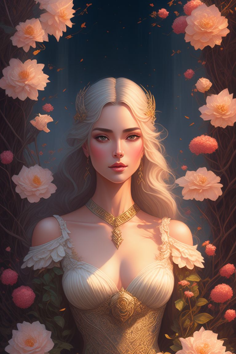 fantasy rpg, dnd, stylised, cartoony, 4K HD, neutral colours, magical, flowy pose, holding flowers, looks like Victoria De Angelis, dark blonde
, set in a lush garden background with warm lighting, Intricate details, oil painting style, Trending on Artstation, art by audrey kawasaki and tran nguyen and rebecca guay and greg ruth and donato giancola, Sharp focus, digital illustration.