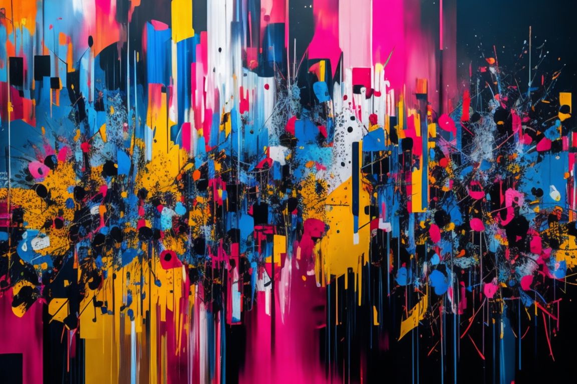 same-goose624: abstract graffiti, polka dot patterns, bold color contrasts,  chaotic brushstrokes, layered textures, raw energy, spontaneous  mark-making, immersive installations,rebellious spirit,infinite  possibilities,urban abstraction