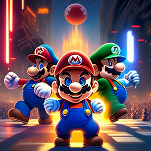 super mario bro, epic fight scene, Dynamic lighting, comic book style, Highly detailed, Trending on Artstation, art by greg rutkowski and stanley lau and marc sasso, Pixel art, 8-bit, Retro, Nostalgic, mario-themed weapons and power-ups.