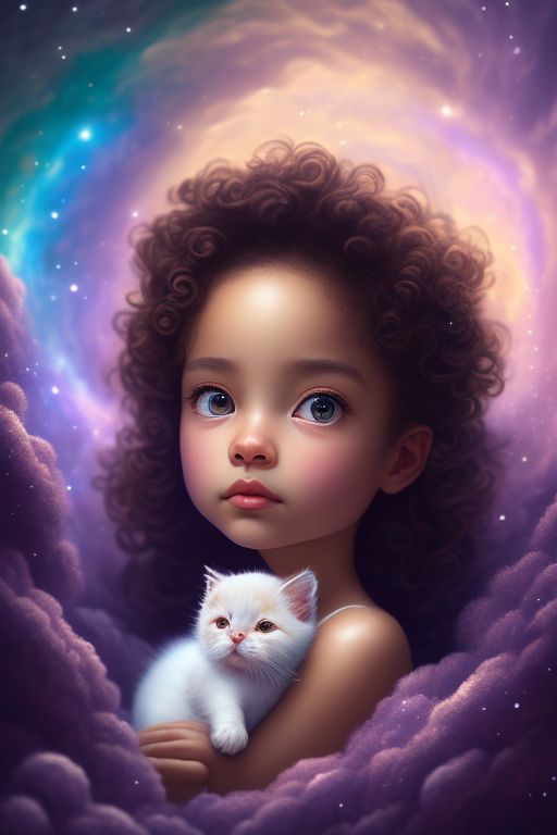 curly brown hair, Light brown eyes, and light brown skin, sitting upside down on her purple bed in a room filled with rainbow decor, surrounded by swirling clouds and stars, Highly detailed, Intricate, Dreamy, Digital painting, Art by lois van baarle, trending on artstation., Young girl with brown curly hair light brown eyes and light brown skin playing  with a small white kitten with brown spot over its right eye on the moon , floating in a galaxy of stars and planets, Dreamy, Pastel colors, Highly detailed, Intricate, Smooth, art by lois van baarle and artgerm and greg rutkowski, Sci-fi, Fantasy, Trending on Artstation HQ, Vibrant, ethereal.