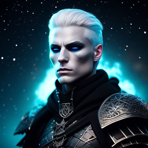 Fantasy soldier, wearing black dragonscale mask, wearing black wizard robes, hands replaced with translucent ghost hands
, shoulder length white/gray hair, Young, neon blue eyes, dark raven and star themed leather armor, Military, Fantasy, Intricate, Highly detailed, belt contains star chart, Digital painting, Sharp focus, moonlight with full moon in background with small silhouette of raven in moon