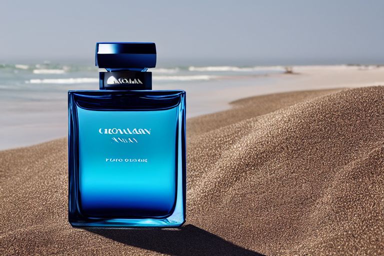 burly-corgi169: a giorgio armani perfume in a wonderful bottle partially  buried in the white sand of a beach, product for the high-end public, super  flashy, super detailed bottle, refractions in the glass