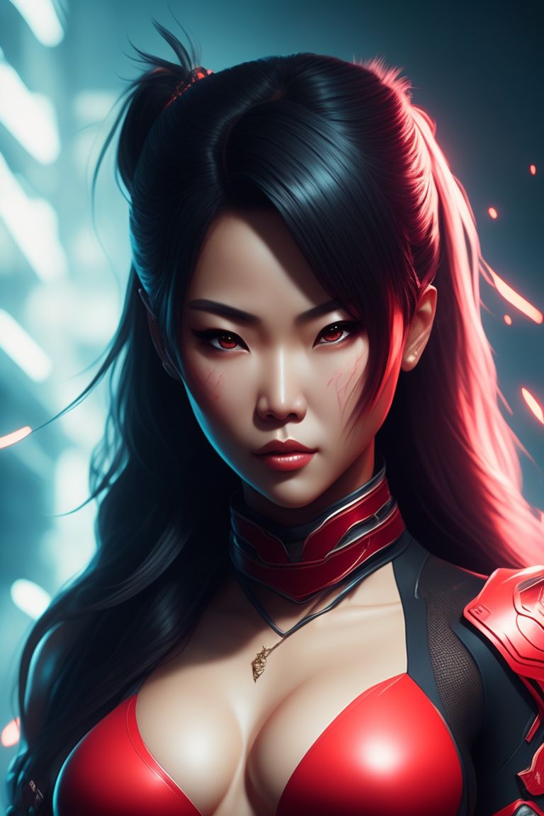 poised-dog516: Female ninja, Thai-Chinese descent, 50 years old, wears  mesh, can see through comfortably, chest=41, beautiful face, straight  face, light red hair, 3D, 4K HD for wallpaper size 1080 x 2048 px