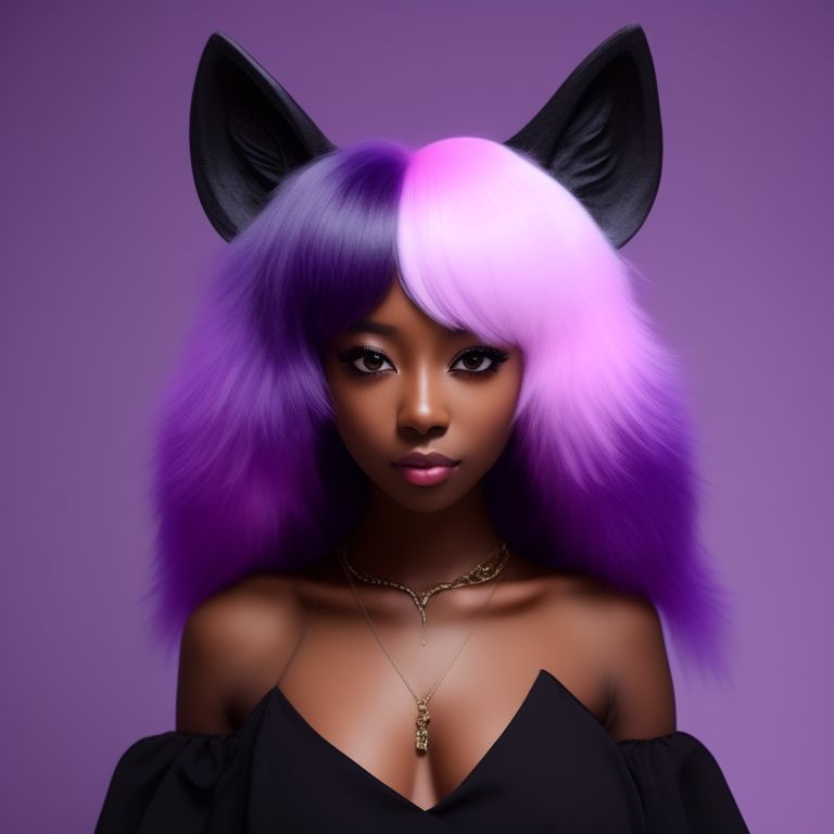 Dark skin black anime girl with fluffy pastel purple wolf ears, Anime