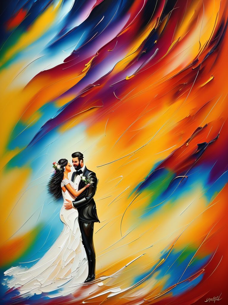 young couple in love getting married with difuses faces, the man dressed in a black suit with a bow tie has a beard and dark black hair with a very sharp haircut and she with brown long hair with little tattoos on her arms and is wearing a white wedding dress. Oil painting, vibrant and lively lighting, bright and cheerful colors, jubilant atmosphere, colorfully painted, painted abstract colorful background, swirling brushstrokes, Impasto style, Thick abstract Oil painting, layered paint casting shadows, abstract colors, buildup of textured paint, thick layered impasto style, 3d effect impasto painting style, masterpiece, thick oil painting, Textured brush strokes, layered paint, Paint globs, UHD