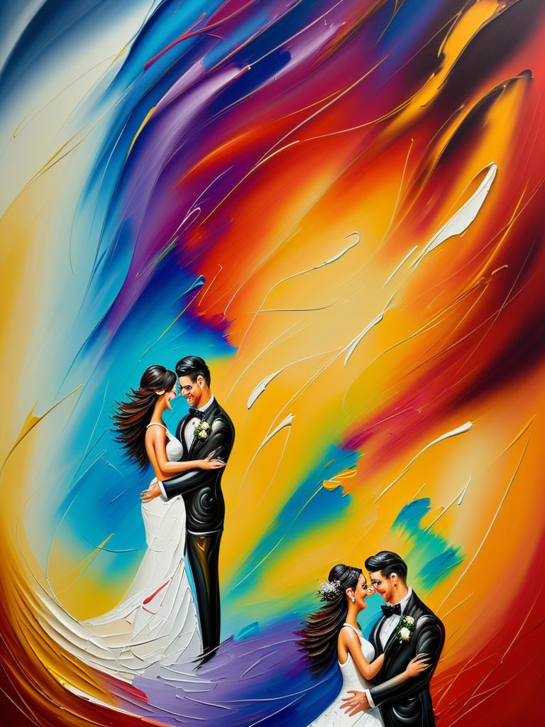 young couple in love getting married with difuses faces, the man dressed in a black suit with a bow tie has a beard and dark black hair with a very sharp haircut and she with brown long hair with little tattoos on her arms and is wearing a white wedding dress. Oil painting, vibrant and lively lighting, bright and cheerful colors, jubilant atmosphere, colorfully painted, painted abstract colorful background, swirling brushstrokes, Impasto style, Thick abstract Oil painting, layered paint casting shadows, abstract colors, buildup of textured paint, thick layered impasto style, 3d effect impasto painting style, masterpiece, thick oil painting, Textured brush strokes, layered paint, Paint globs, UHD