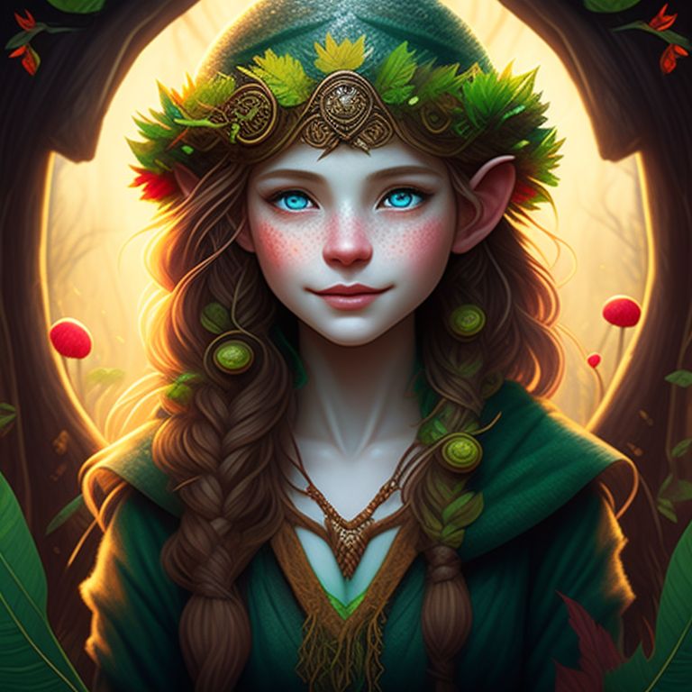 perfect-oryx772: Kender halfling druid adult female with freckles and long  red frizzy hair with leaves. Bright green eyes and happy face. Elf ears. In  forest with mushrooms. Holding a wooden staff