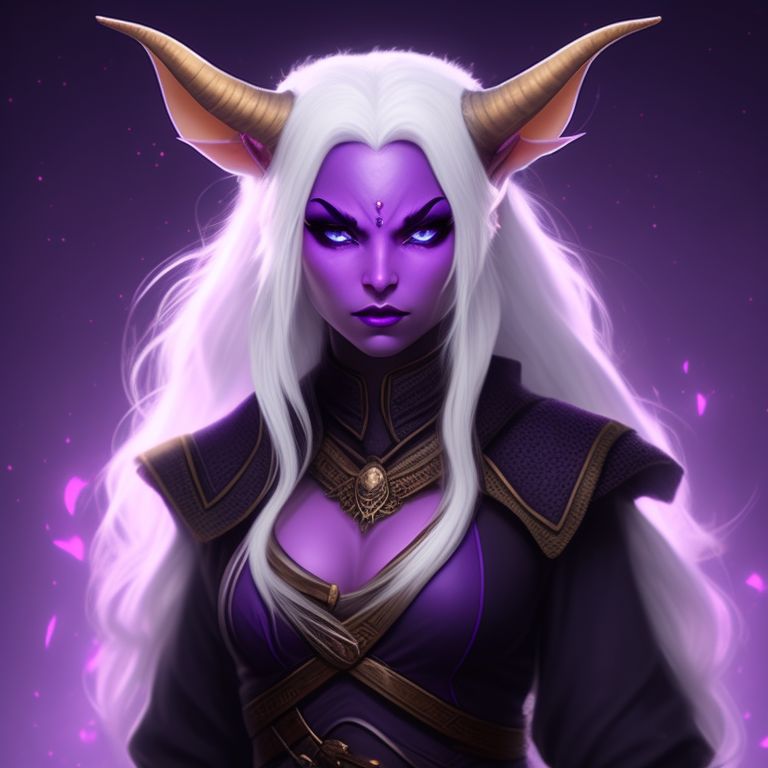 Female Tiefling. Purple skin. two small horns that curl backwards slightly. D&D druid. White hair.