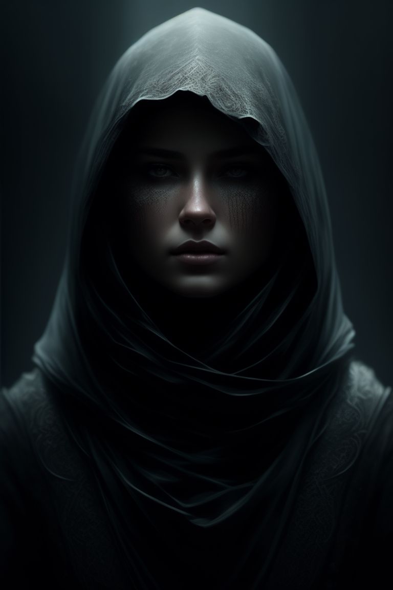 even-dolphin473: A dark background with fog. A head with hood on, the ...