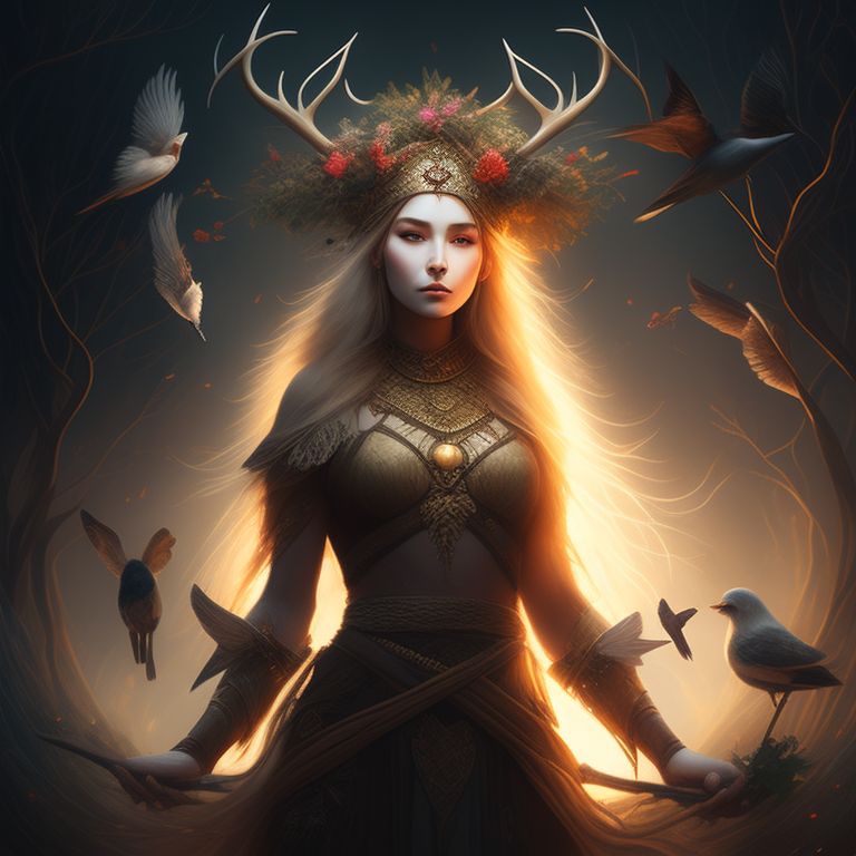 dry-narwhal382: An Elfin warrior woman with blonde brown flowing hair with  floral headress with birds and deer surrounding her stands sullen as tears  stream down her nordic features as caretaker of mother