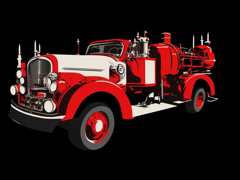 White paint color, Fireworks in background, Retro antique fire engine, 1954 Seagrave pumper, chrome bumpers, flat, 2d, vector, steampunk, open cab, rounder front nose of truck, illustrations, t-shirt, pop art, shades of red, stylized, digital art, flat, Flat, 2D, Vector, Svg, Isotype, Design