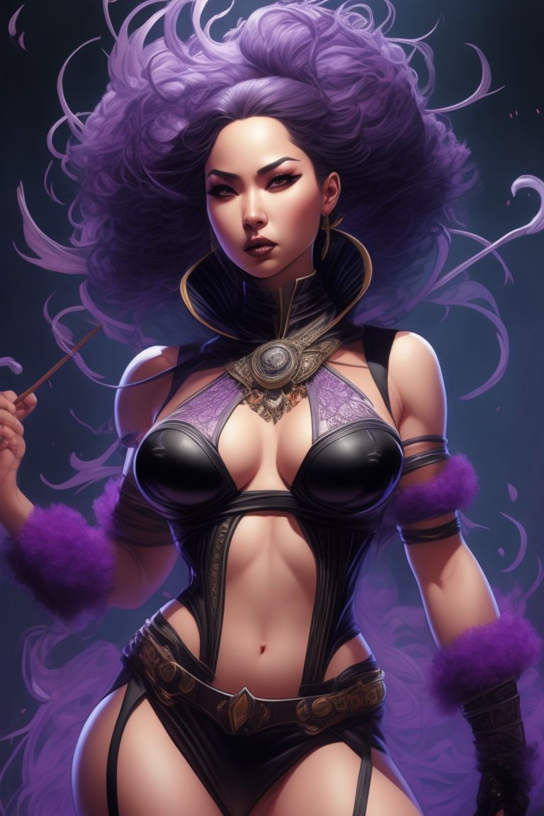 Merematrix: FULL BODY OF WOMAN GODDESS Kitana (Mortal Kombat), SHORT  SCORTA, FASHION IN PURPLE AND BLACK fluffy, woman, beautiful perfect face  with soft skin perfect face, hyper detail, intricate detail gothic art,