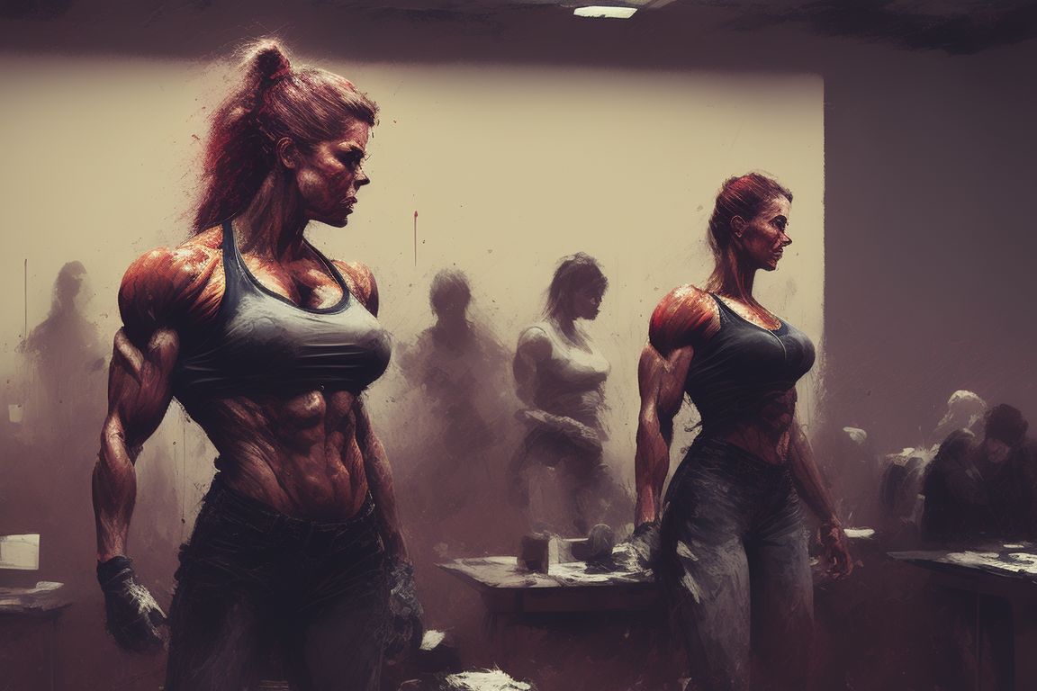 aching-shrew794: a seral photograph of Tall female Muscle bodybuilder woman  with a evil grin, wearing a ripped shirt Standing in a dark office  conference room full of male and female Bodybuilder office