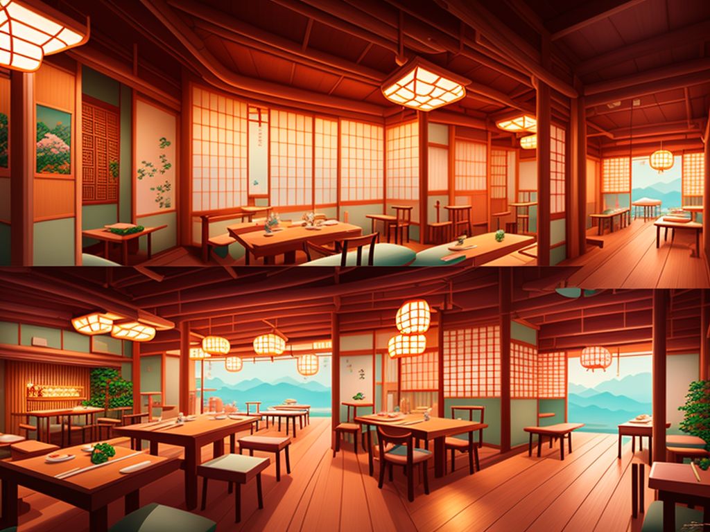 design a Japanese restaurant inspired by studio ghibli's animations

, wes anderson-inspired, Pastel color scheme, highly-detailed, Symmetrical, art by junichi nakane, Romantic lighting, centered perspective, Digital painting, Artstation, concept art.