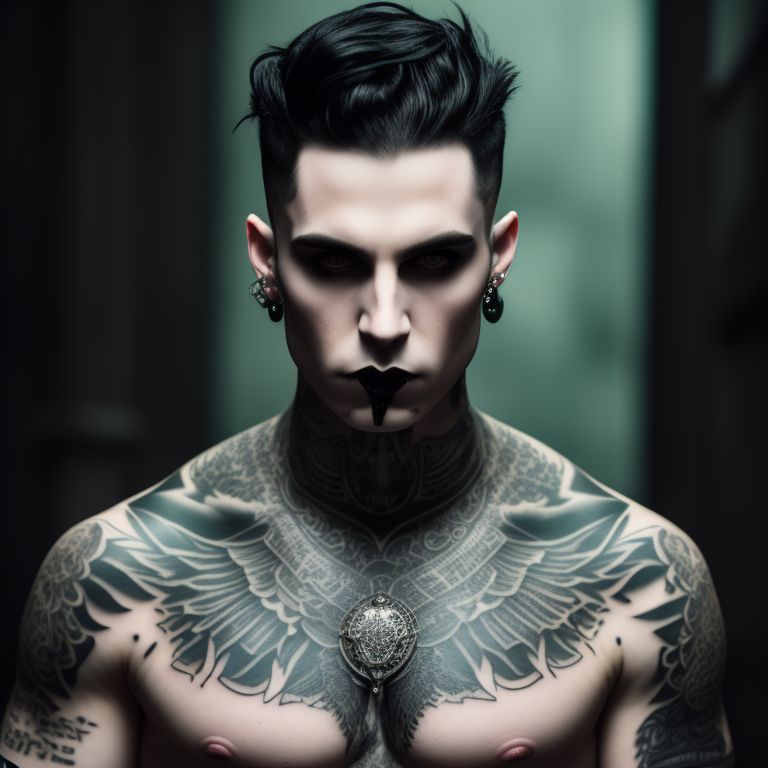 livid-eland275: pale gothic man with black hair, green eyes, tattoos, and piercings , total body, full body