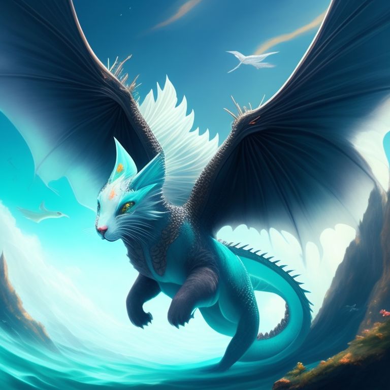 Large, winged hybrid of a cat and a dragon, reminiscent of a cloud, swimming in the clear, turquoise sea on a bright, Sunny day, the image should have a smooth, dreamlike quality, with intricate details in the dragon's fluffy fur and scales, the overall mood should be peaceful and serene, with a focus on the gentle movements of the dragon as it glides through the water, this digital painting should be highly detailed and showcase a mix of realism and fantasy elements, trending on popular art websites like artstation and deviantart. art by loish, Ross Tran, or artgerm would be an excellent fit for this prompt.