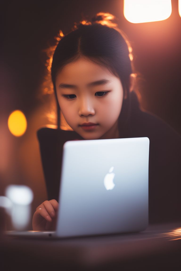 A girl using apple laptop , Cinematic, Photography, Sharp, Hasselblad, Dramatic Lighting, Depth of field, Medium shot, Soft color palette, 80mm, Incredibly high detailed, Lightroom gallery