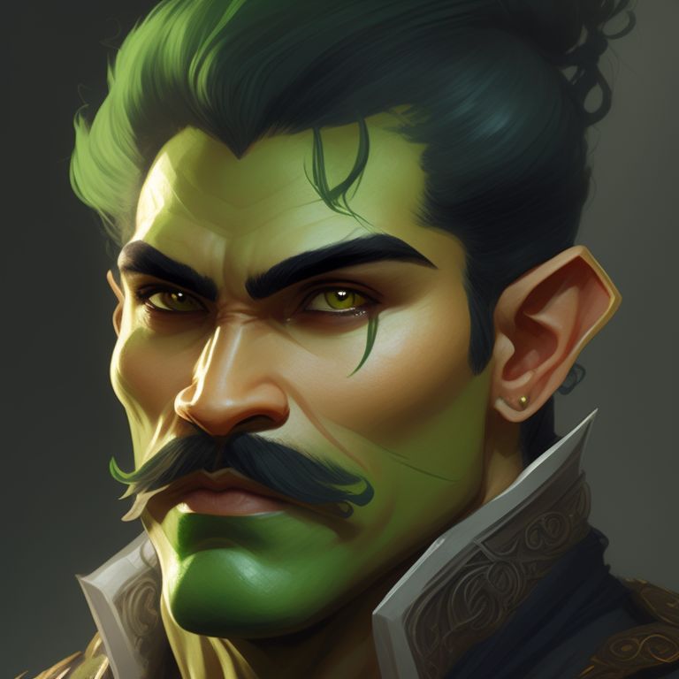 Spry-human285: Half-orc Male, Handsome, Moustache, Light Green Skin