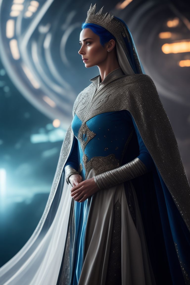 dull-rat797: In a sci-fi fantasy movie, a female character with electric  blue hair is wearing a sleek silver jumpsuit as she stands on a futuristic  space station overlooking the vast expanse of