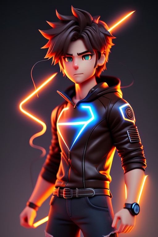 Dual-Lapwing319: American Male Teenager, Glowing Brown eyes, Brown Shaggy  Hair, Chibi Anime, 4K, Blender, Smooth, Black and White Casual clothes,  electric Bolts, glowing electricity, superpowers, face of determination,  perfect anatomy, cartoon, epic