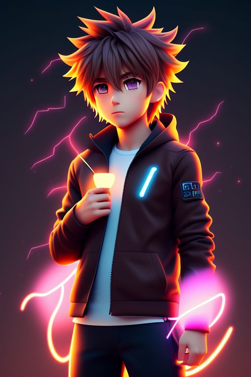 Dual-Lapwing319: American Male Teenager, Glowing Brown eyes, Brown Shaggy  Hair, Chibi Anime, 4K, Blender, Smooth, Black and White Casual clothes,  electric Bolts, glowing electricity, superpowers, face of determination,  perfect anatomy, cartoon, epic