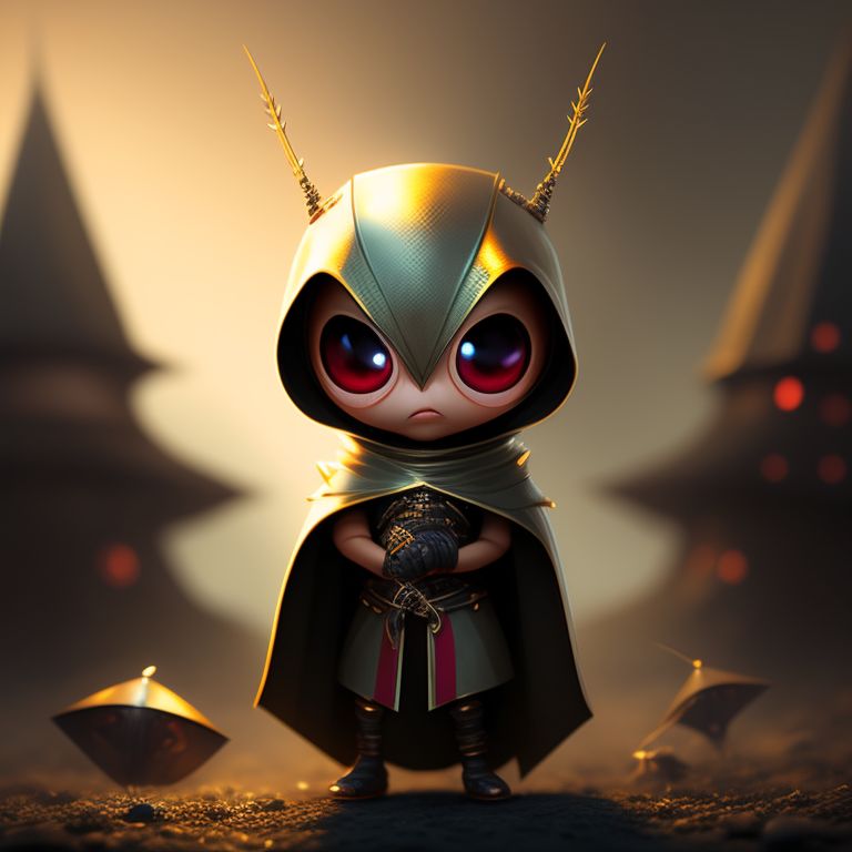 valid-slug495: cute chubby praying mantis with hooded cape and ninja stars