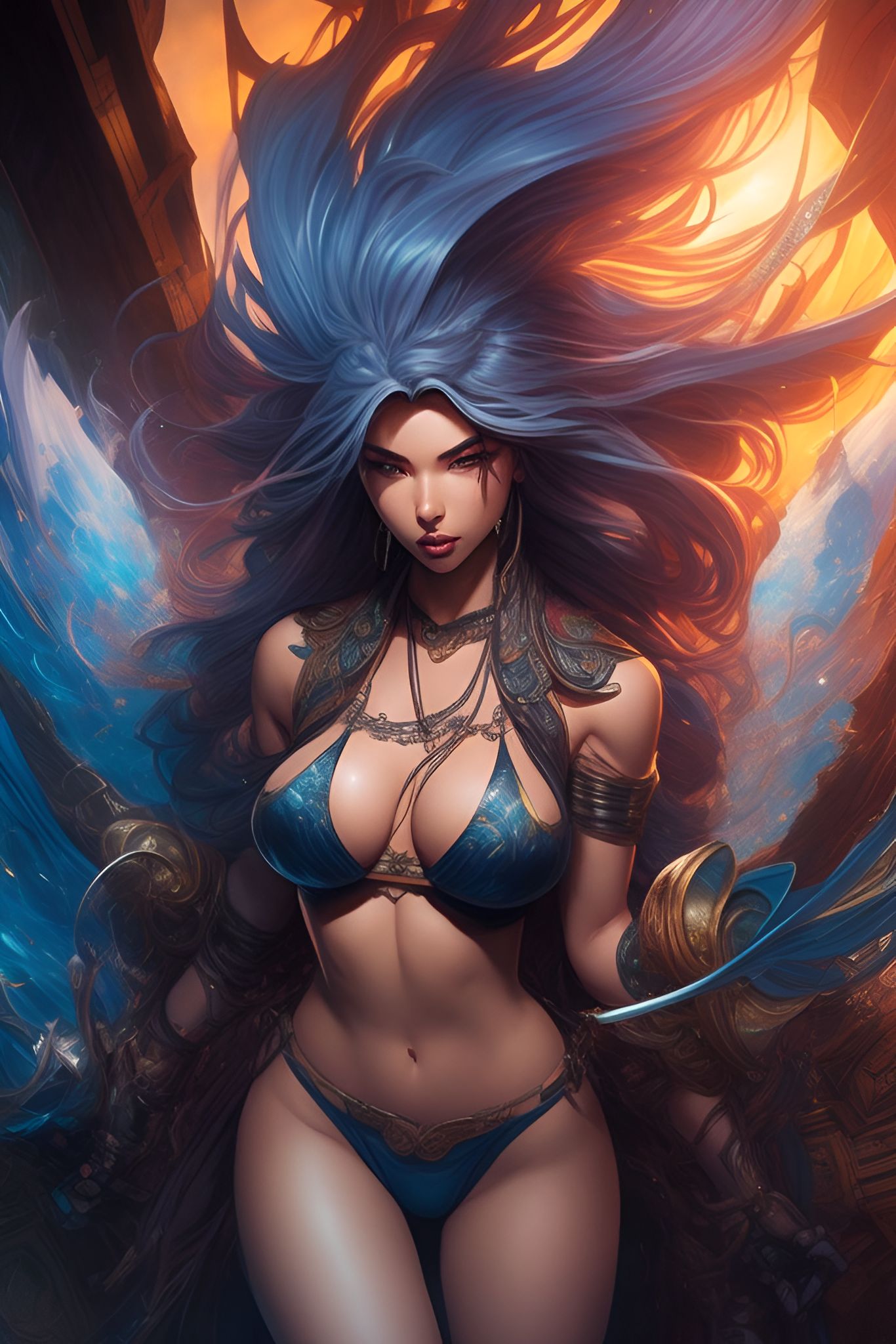 Merematrix: beautiful woman, bikini, detailed gorgeous face, 8k concept  art, intricately detailed, intricate, elegant, expansive, fantasy, splash,  ink cloud, intricate details, thoughtful, minidemo, centered, cgsociety  trending, intricate, epic, highly