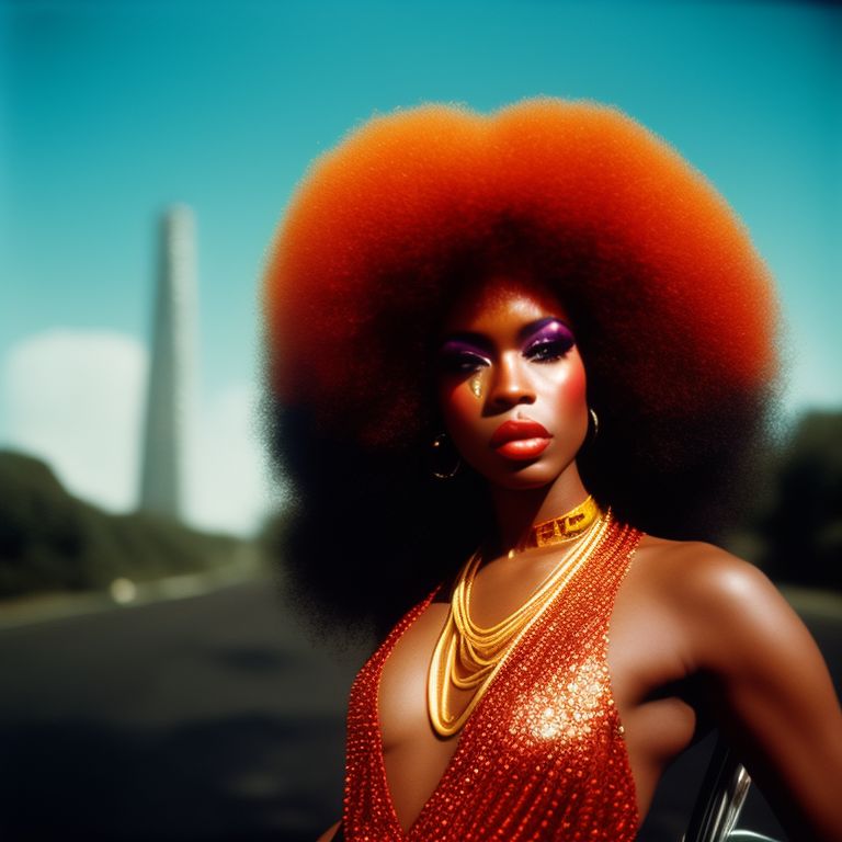 Gritty portrait, A 1970s disco diva in a vibrant jumpsuit, platform shoes, and a dazzling afro hairstyle, looking into the distance, Retro, Polaroid, kodak gold portra, Unsplash, award winning photography, grain and noise