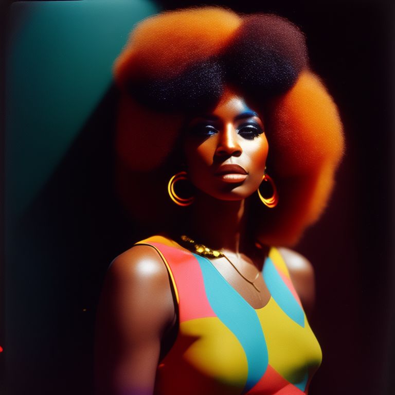 Gritty portrait, A 1970s disco diva in a vibrant jumpsuit, platform shoes, and a dazzling afro hairstyle, looking into the distance, Retro, Polaroid, kodak gold portra, Unsplash, award winning photography, grain and noise