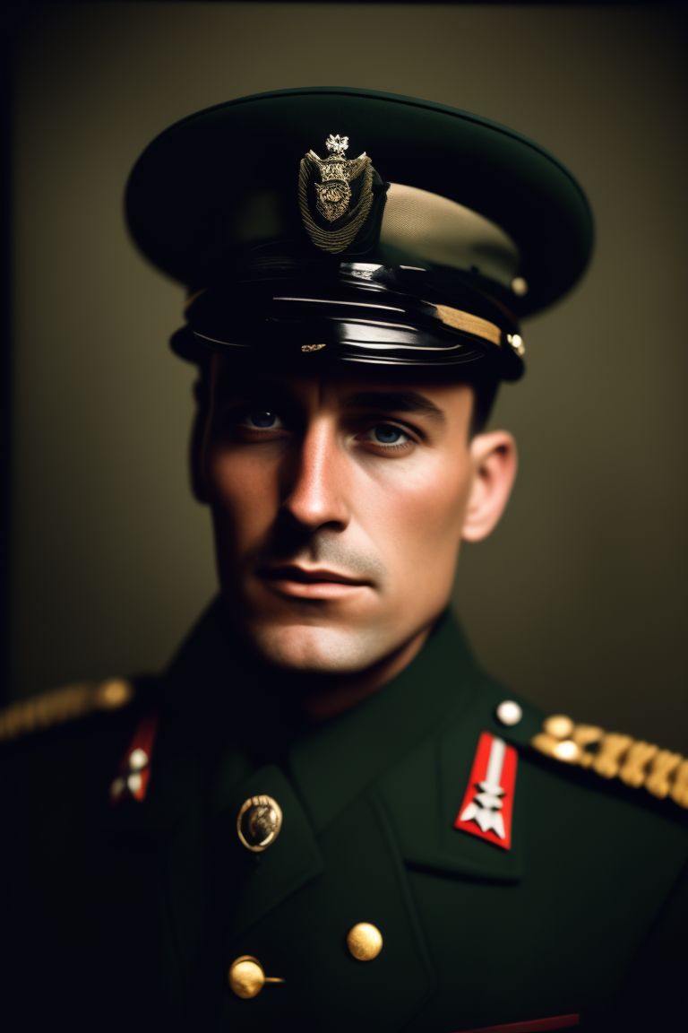 Gritty portrait, A 1940s WWII soldier in a classic military uniform with a helmet and combat boots, looking into the distance, Retro, Polaroid, kodak gold portra, Unsplash, award winning photography, grain and noise