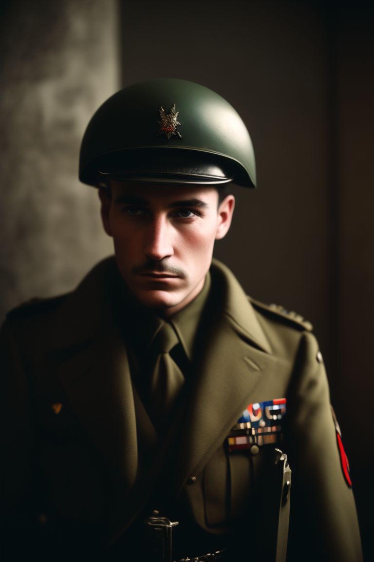 Gritty portrait, A 1940s WWII soldier in a classic military uniform with a helmet and combat boots, looking into the distance, Retro, Polaroid, kodak gold portra, Unsplash, award winning photography, grain and noise