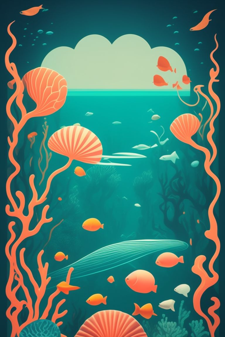 twin-fish711: Create a retro-style travel poster under water featuring a  coral reef with sea life, using an art-deco-inspired design with strong  geometric shapes and patterns, Utilize a color pallet of bright pastels.