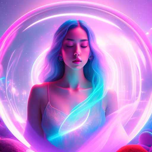 a beautiful girl meditating inside a soap bubble, magical atmosphere, lilac pink and blue tones, neon lighting, Cinematic view, Vibrant colors, epic lighting, Highly detailed, Digital painting, Artstation, Concept art, Sharp focus, Illustration, art by alex ross and jim lee and greg capullo.
