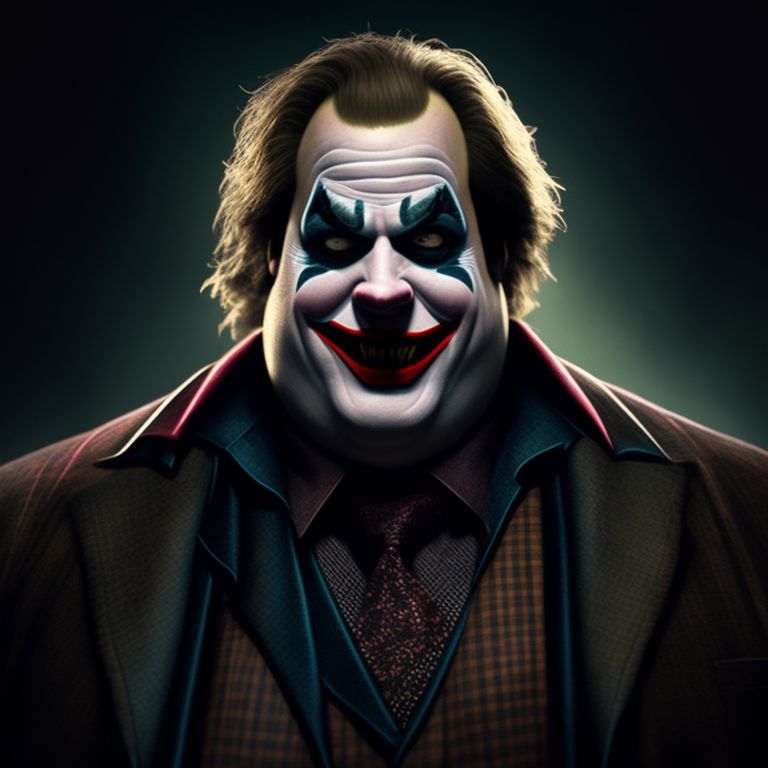 Chris Farley as the joker in Tim Burton Batman 1989, dark and moody lighting, Highly detailed, Intricate, Digital painting, Artstation, Concept art, trending, by artgerm and greg rutkowski and alex ross and dave mckean.