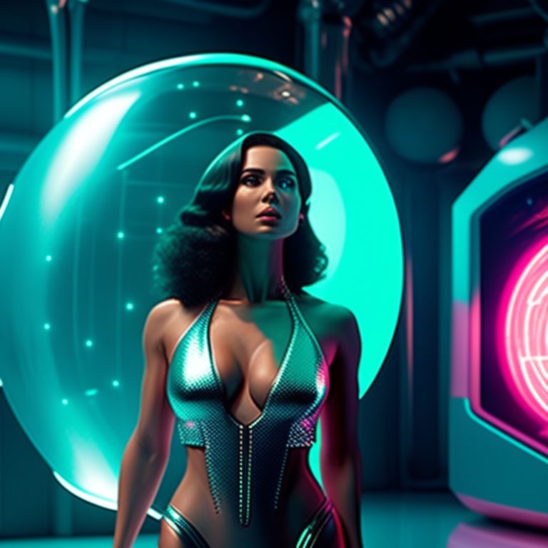 as the camera pans to the female character, we see her dressed in an elegant metallic silver bikini with matching boots, she stands in the middle of a futuristic laboratory, surrounded by advanced technology and flashing holograms, the room is lit in a vibrant neon green, adding to the sci-fi ambience, the female character reaches out to a hovering spherical robot, controlled by her hand gestures. with a focused expression, she commands the robot to scan and analyze a mysterious alien artifact before her. the futuristic art style of the laboratory and the character's clothing add to the futuristic and technologically advanced theme of the film.