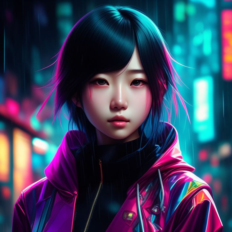 winding-koala59: Teenage Japanese girl with mid-length hair. Cyberpunk ...