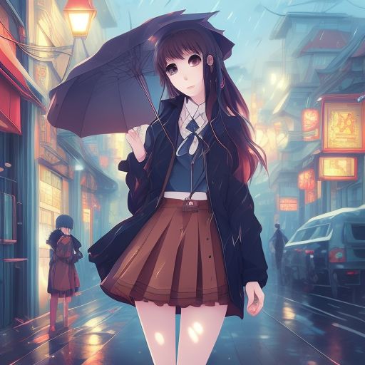 winding-koala59: Anime girl with long brown hair and blue eyes. Wears a long  jacket and a skirt.