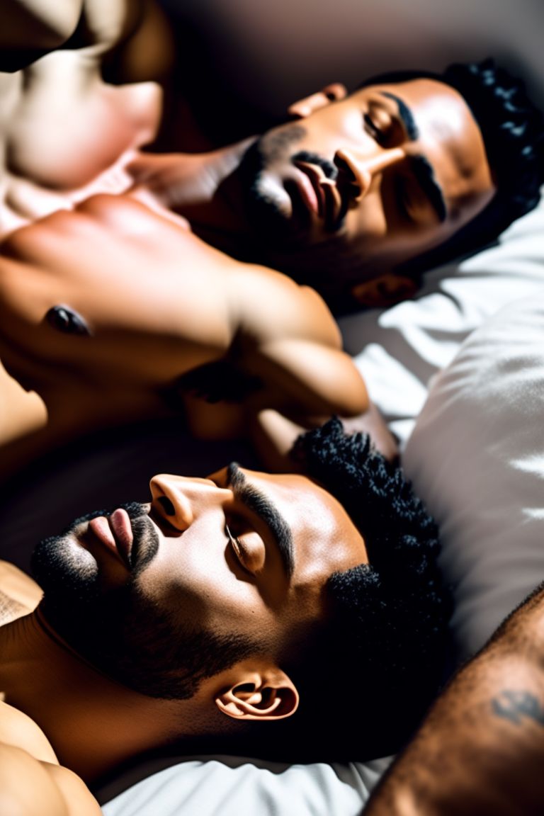 bold-rail483: A birds eye view of two men lying side by side in bed facing  up. Both are godly handsome. Both are extremely muscular and completely  bare. Both are reaching over and