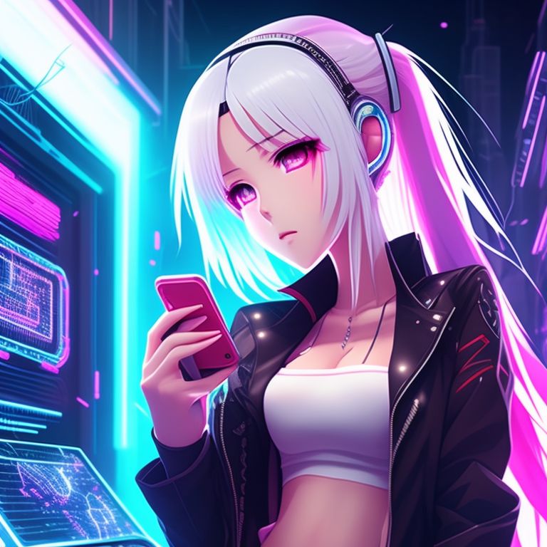 winding-koala59: cyberpunk Anime girl with mid-length white hair playing on  her phone