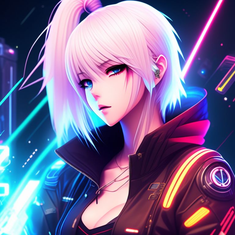 winding-koala59: cyberpunk Anime girl with mid-length white hair playing on  her phone