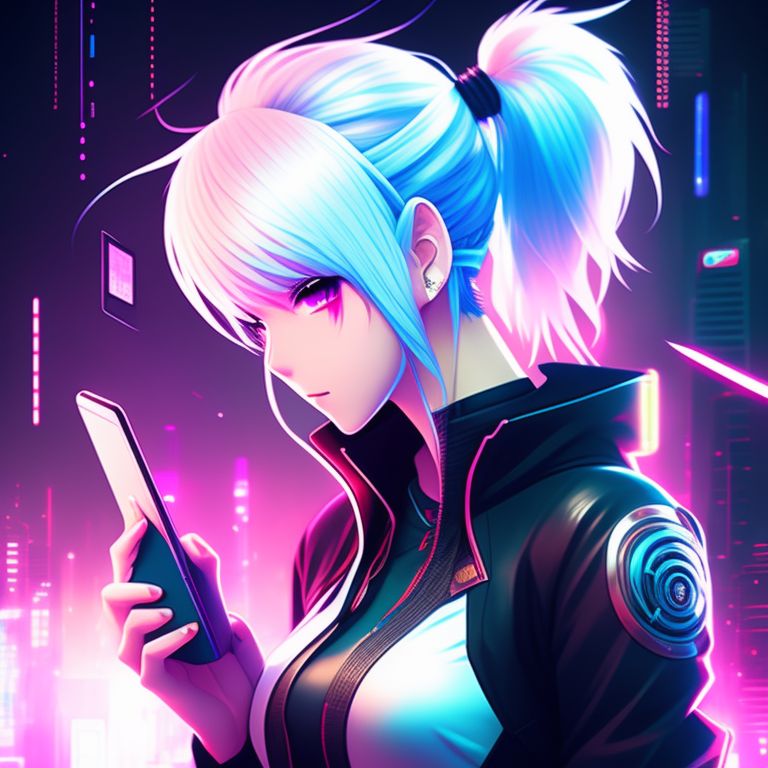 winding-koala59: cyberpunk Anime girl with mid-length white hair playing on  her phone