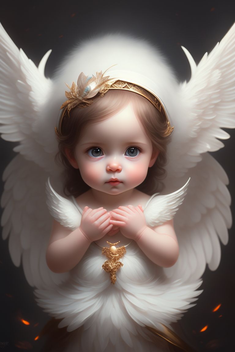very cute tiny, a baby angel, with white wings, well detailed, picture perfect, 32k resolution, beautiful face, hands together praying

, rim lighting, adorable big eyes, small, By greg rutkowski, chibi, Perfect lighting, Sharp focus