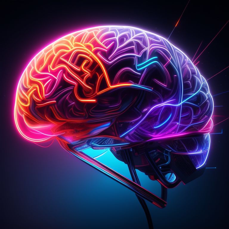 Portrait of a human brain, with bright neon colors, sharp angles, Intricate detail, and a sense of motion blur, glowing lighting with a focus on blues and purples, digital painting in the style of artgerm and mandy jurgens, highly detailed and trendsetting on artstation hq., Reaching perfection, Sci fi, reaching for connection, Reaching for connection
