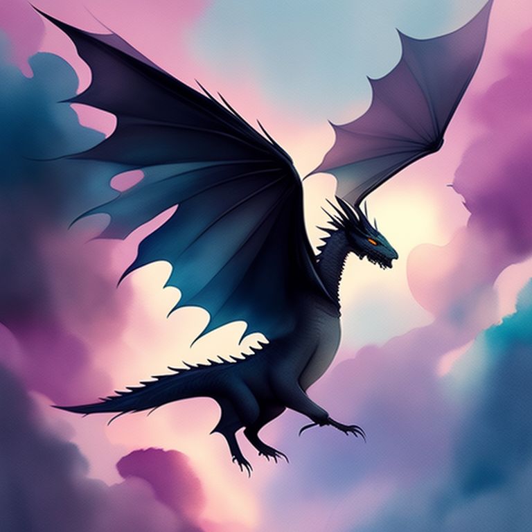 a black dragon flying, Warm lighting, Soft focus, Watercolor style, Whimsical, Pastel colors, art by lois van baarle and lisa congdon, trending on pinterest and instagram.