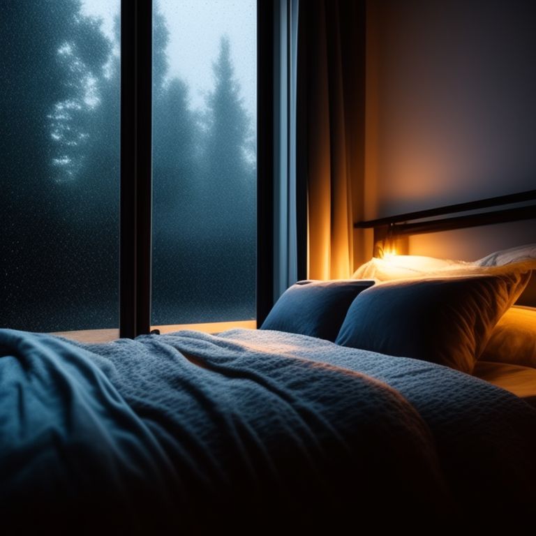 f: A cozy bedroom, bed sitting under a window, night time, rainy mood
