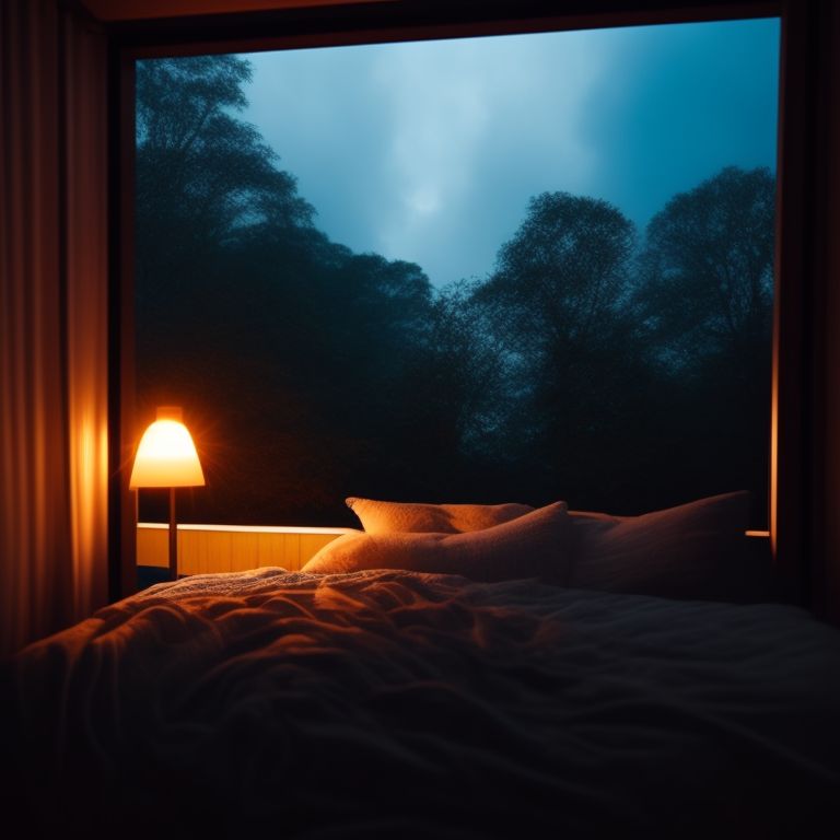 F A Cozy Bedroom Bed Sitting Under A Window Night Time Rainy Mood