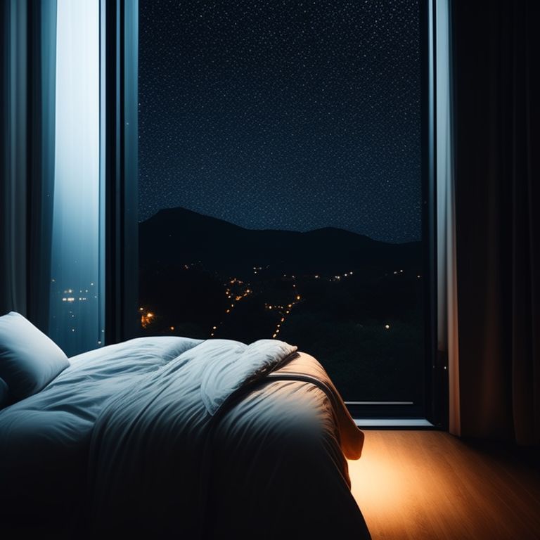 F A Cozy Bedroom Bed Sitting Under A Window Night Time Rainy Mood